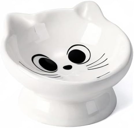 Raised Cat Food Bowl Ceramic 15° Tilted Cat Food Bowls Protect Cat's Spine Anti Vomiting Backflow Prevention for Adult, Kitten, and Small Dogs, White