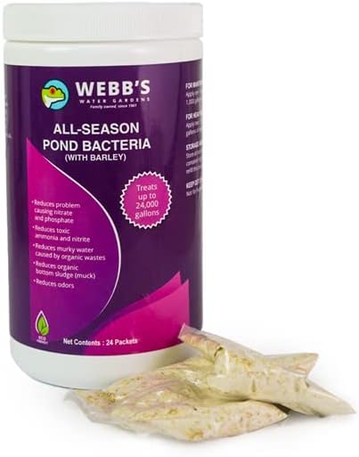 All-Season Beneficial Pond Bacteria with Barley Packets - Bacteria for Ponds Ideal for Clearing Any Fish and Duck Pond Applications - 24 Packet Container- Webb's Water Gardens