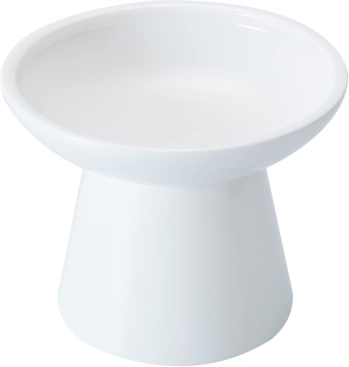 CEEFU Extra Wide Elevated Ceramic Cat Bowl - 6.2" Shallow Dish for Whisker Fatigue Relief, 5" Height for Easy Feeding, Lead & Cadmium Free, Durable Raised Cat Food Bowls, White