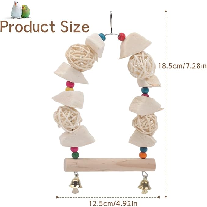 Natural Cuttlebone Bird Swing Toy with Wooden Perch & Wicker Balls – 2-in-1 Calcium Supplement & Chewing Station for Cockatiels, Budgies, Conures, Lovebirds – Safe Wood Beak Grinder Cage Accessory