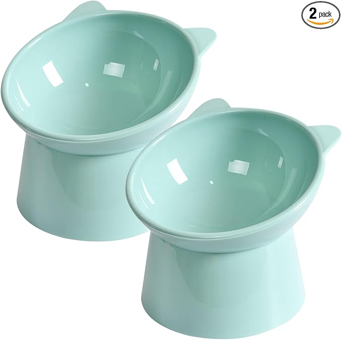 Tilted Elevated Cat Food Bowl - Cat Bowls Whisker Friendly Anti Vomiting Slanted Feeding Bowls Cute Shallow Bowl (2pcs/Green)