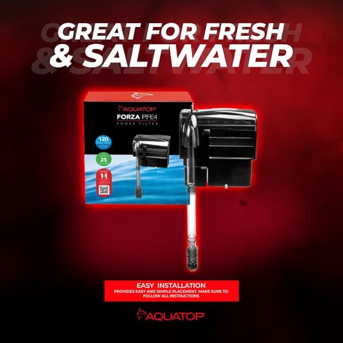 Aquatop Forza 120 GPH Power Filter for Aquariums – Fits upto 25 Gal Freshwater & Saltwater – Advanced Filtration Design – Crystal Clear Water – PFE-4