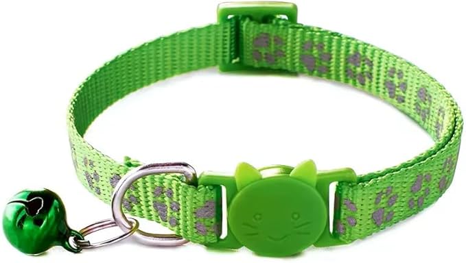 Cat Collar Breakaway Safety with Bell, Cute Reflective Paw Print Pattern (Lime Green)