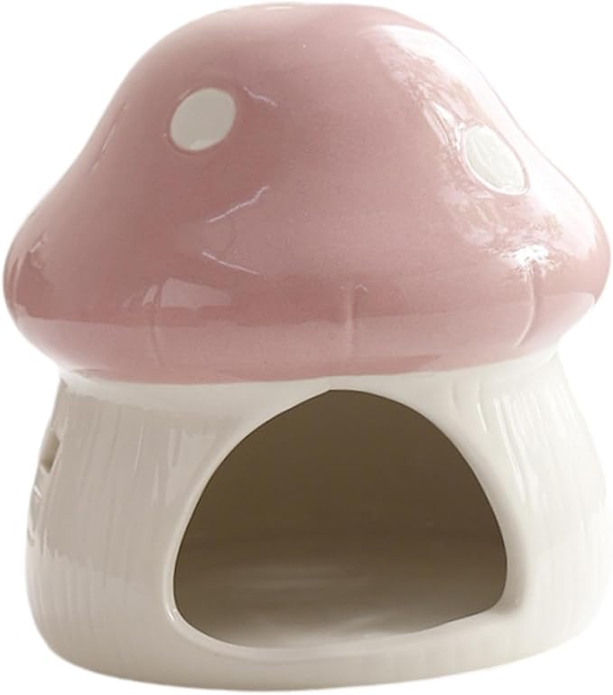 Gralara Ceramic Hamster House Habitat Mushroom Shaped Outdoor Guinea Pig Hideout Hamster Hide Bed for Small Pets Dwarf Rats, Pink