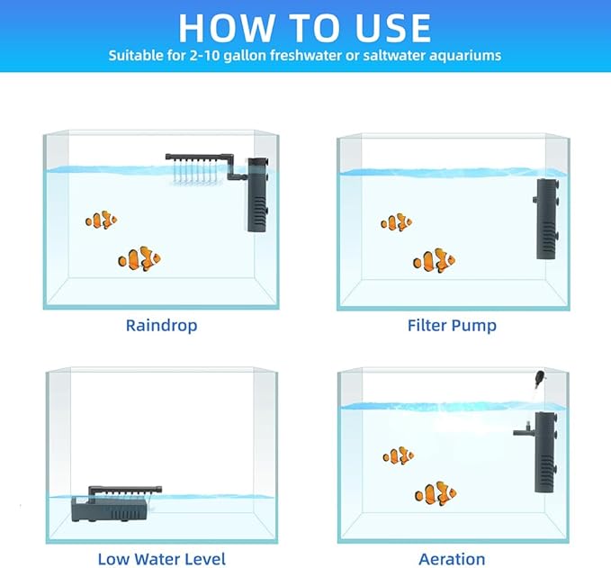 Submersible Internal Aquarium Filter Multiple Function Powerful Pump Fish Tank Filter for 10-20 Gallon Tanks 105 GPH 5W