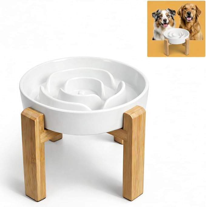 Elevated Slow Feeder Dog Bowl Large Breed, 8.8 Inch Ceramic Slow Eating Bowl with Screw-Assembled Bamboo Stand, Anti-Choking Raised Maze Design for Medium to Large Dogs, 3.2 Cup, White
