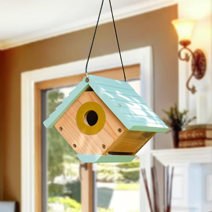 Wren Bird Houses for Outside, Golden Metal Hole Plate, Hanging Birdhouse for Outdoor, Cedar Wood Nest Box for Jay Wrens and Chickadees, Brass Entrance Stainless Cable Longtime Lasting