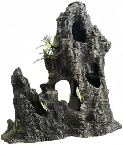 Saim Large Aquarium Mountain View Stone 11.02" Tall Resin Cave Ornament – Betta Hideout with Artificial Plants, for Cichlids Goldfish, Multi-Cave Aquascape Fish Tank Accessories