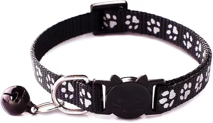 Cat Collar Breakaway Safety with Bell, Cute Reflective Paw Print Pattern (Black)