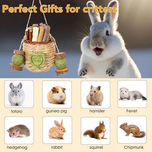 Jorewood Rabbit Chew Toys,Natural Hanging Basket with Sweet Bamboo,Timothy Hay,Peach Sticks for Bunny Chinchillas Guinea Pigs Hamsters Rats Teeth Grinding