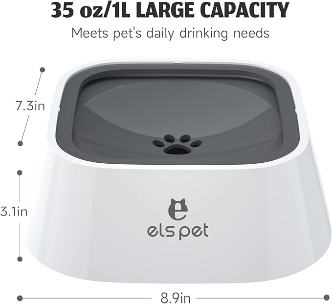 ELS PET Travel Bowl, No Spill, No Drip Slow Water Feeder/Dispenser for Dogs, Cats, 35oz/1L, Splash Proof Travel Bowl for Crate and Car, Keeps Floor & Beard Dry, Dishwasher Safe (Grey)