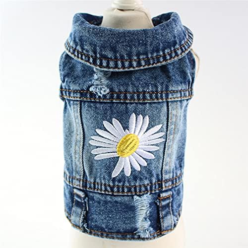 Pawstrip Dog Denim Jacket with Embroidered Daisy, Ripped Vintage Jean Vest for Small Dogs, Puppy, Pugs, Chihuahuas, Spring Summer Fall Festival Outfit, Medium (Fits Chest 13-14")