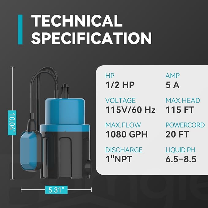1/2HP Sump Pump Submersible 1080GPH Submersible Water Pump with Float Switch, Utility Pumps for Pool Draining, Basement Flooding, Tankless Heater Flushing Pump with 20ft Power Cord