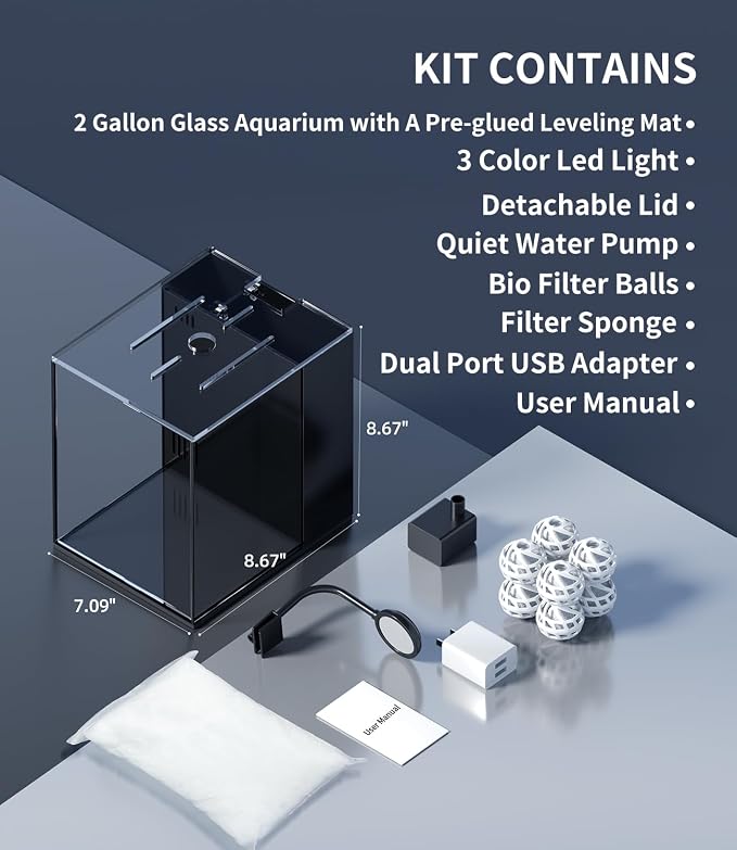 2 Gallon Glass Fish Tank Kit with Hidden Filtration Light Lid Rimless | Black Background, Dry-wet Separation Filtration, Self-cleaning, Ultra-quiet, Adjustable Water Flow, for Betta Shrimp Guppy