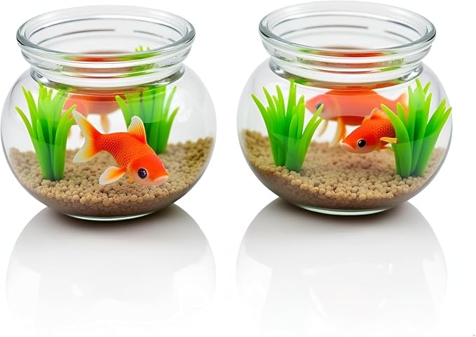 2Pcs Miniature Fish Tank Toy Mini Round Fish Bowls Resin Goldfish Grass for Dollhouse Desktop Craft Project Decor,Mini Fish Bowl,Dollhouse Accessories,Dollhouses Décor