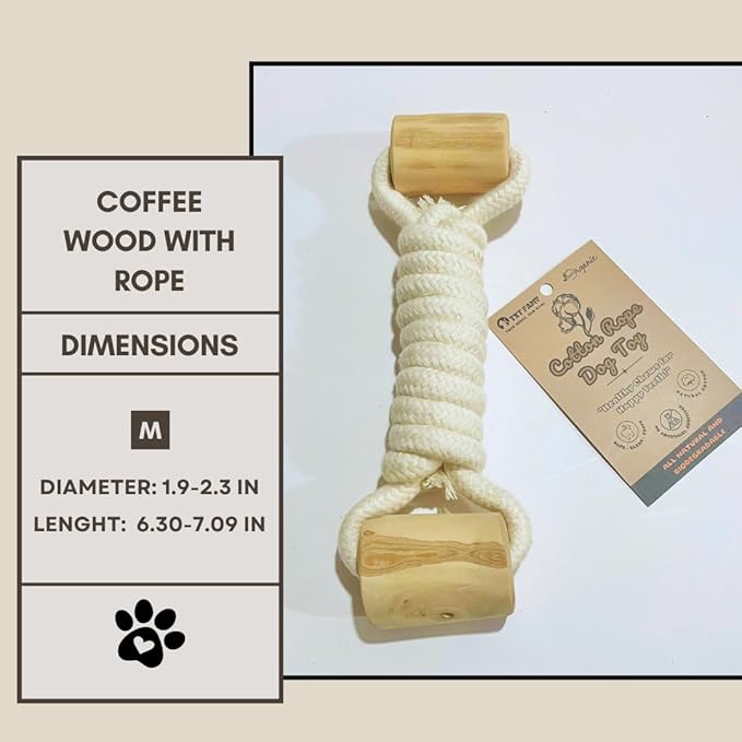 Cotton Rope Dog Toy with Coffee Wood Handles β Natural Chew & Tug Toy for Dogs β Durable, Eco-Friendly & Safe for All Breeds