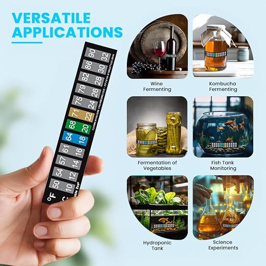 Horizontal Stick On Thermometer Strip, Digital Temperature Display for Fermenting, Brewing, Wine, Beer, Kombucha or Aquariums. 50-90F (10-32C) Adhesive Sticker 10 Pack (10)