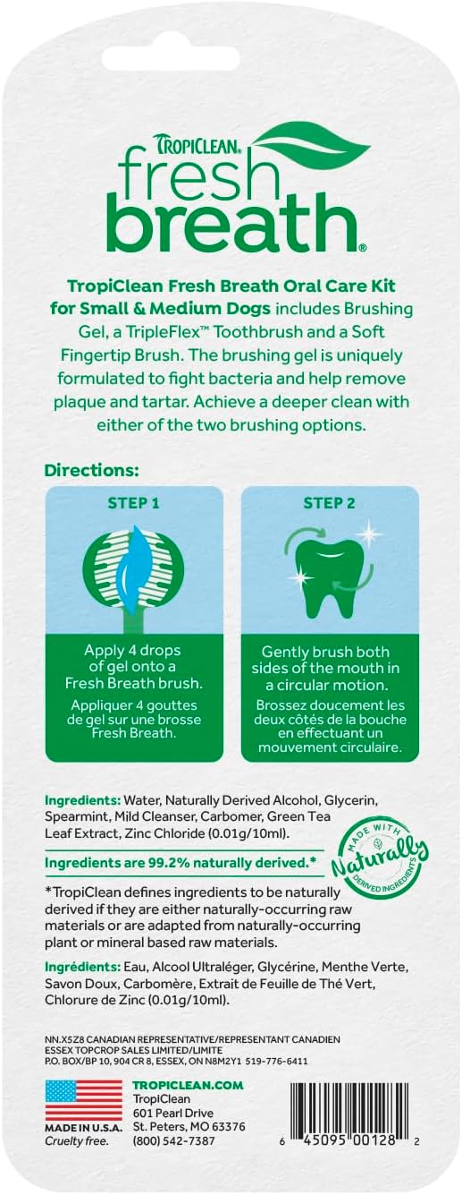 TropiClean Fresh Breath Toothbrush and Toothpaste Kit for Dogs, Teeth Cleaning Kit for Plaque & Tartar Removal, Breath Freshener, Dog Dental Care