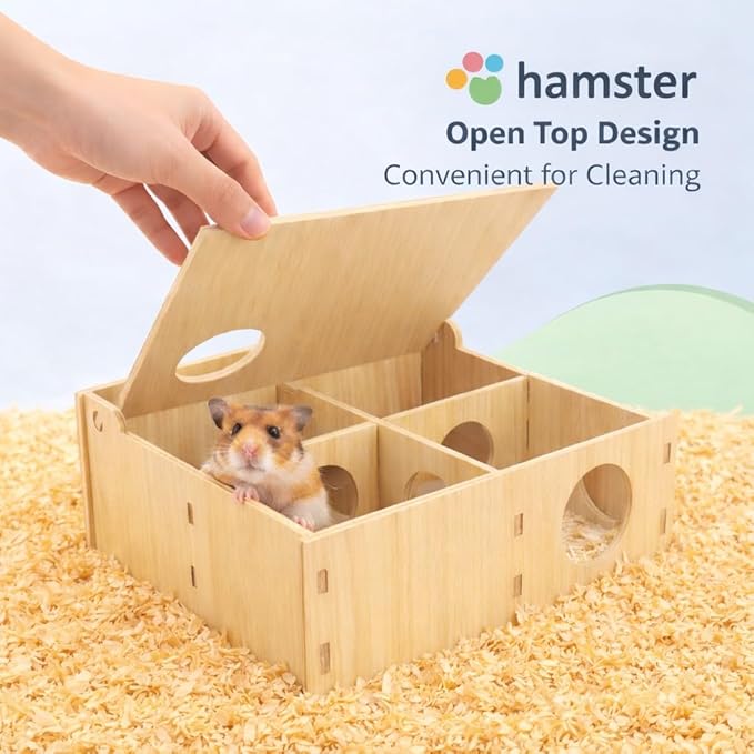 Wooden Hamster Tunnel Maze with Observation Skylight – Secret Peep Shed & Explore Hideout, Chewable Non-Toxic Enrichment Toy & Activity Center for Dwarf Hamsters & Young Syrians