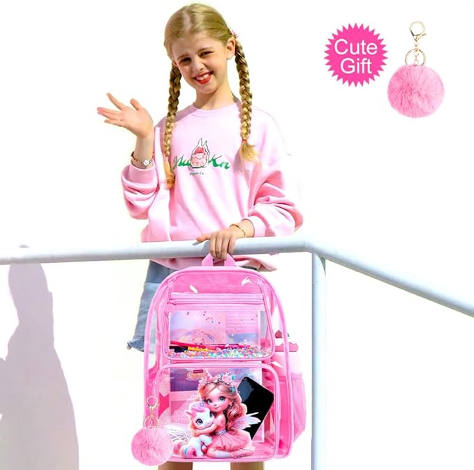 Clear Backpack for Girls and Boys, Kids Transparent Bookbag, 3PCS Cute See Through School Bag for Elementary Prechool