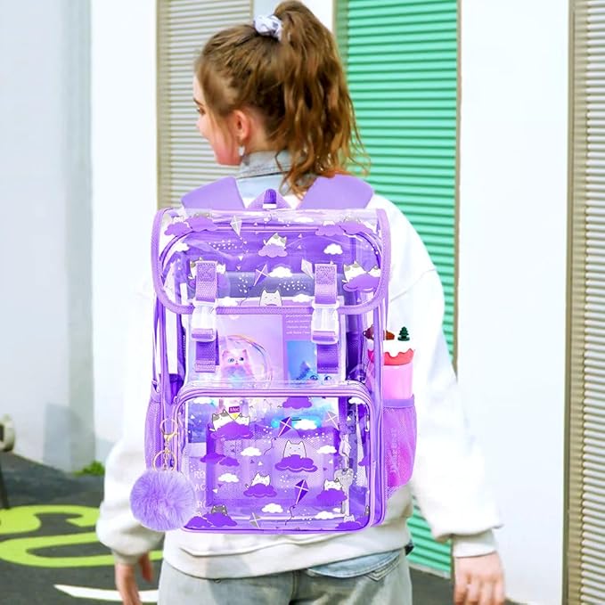 17" Cat Clear Backpack for Girls - 3Pcs Flip Design Stadium Approved Set, Campus/School Transparent Bookbag (Purple)