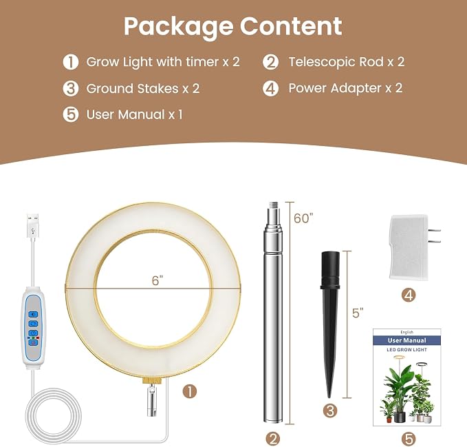 Kullsinss 6.3in Grow Lights for Indoor Plants, Full Spectrum Plant Light | Wood Grain Growing Lamp with 6/12/16H Timer, 5 Brightness Levels, 10-60in Height Adjustable, for Indoor Tall Plants (2-Pack )