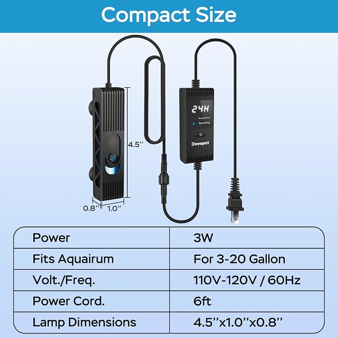 Aquarium U-V Light, Al-gae Control Light with 1-24H Timer, Compact Green Water Clean Lamp with Protective Shield, 3W for 3-20 Gallon Freshwater and Saltwater Tanks
