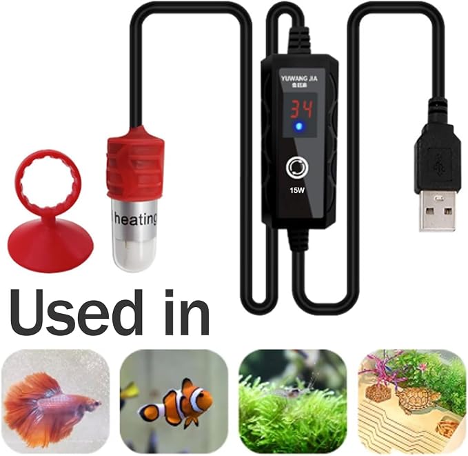 Mini Aquarium Heater 5V/2A USB 15W Super Small Fish Tank Heater with Digital Display Thermostat, Thickened Quartz Glass Betta Tank Heater Turtle Heater for Tanks up to 1 Gallon