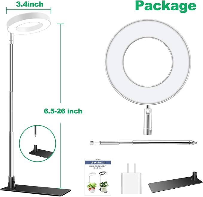 Aokrean Grow Lights for Indoor Plants, Full Spectrum Plant Lights for Indoor Growing with with 3/9/12H Timer, 3 Color Modes, 10 Brightness, 6.5"-26" Height Adjustable Small Grow Light, 1 Pack(3.4in)
