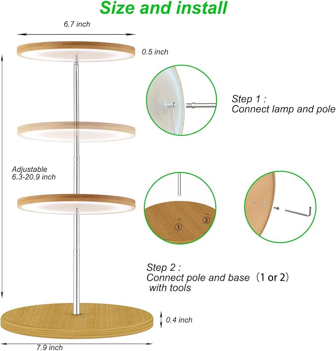 Plant Grow Light for Indoor Plant,Bamboo Mini LED Grow Light Garden,Height Adjustable,Automatic Timer with 8/12/16 Hours,1 Pack