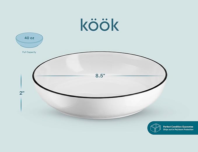 KooK Porcelain Pasta Bowl Set, for Soups and Salads, Serving Bowls, Large Capacity, Microwave & Dishwasher Safe, Set of 4, 40 Oz (Black Rim)