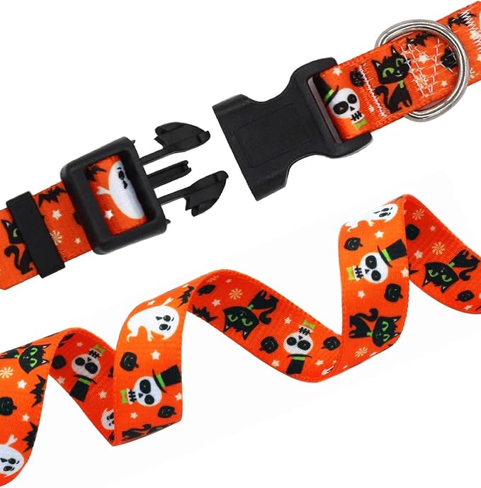 Mihqy Halloween Dog Collar and Leash Set - Pumpkin Bat Ghost Pattern - Adjustable for Small Medium Large Dogs(Halloween Set,L)