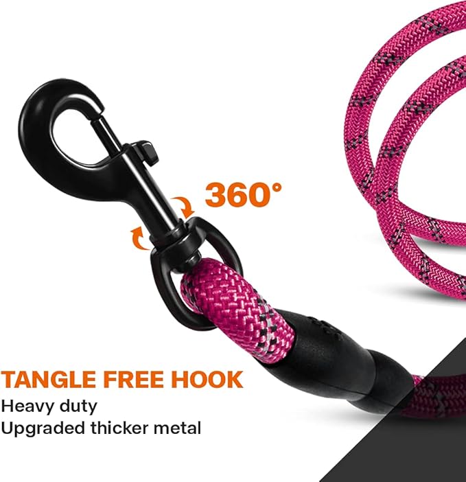 Taglory Rope Dog Leash 5 FT with Comfortable Padded Handle, Highly Reflective Threads Leash and Anti-Tangle Clip for Walking Small Dogs, 3/8 inch, Hotpink