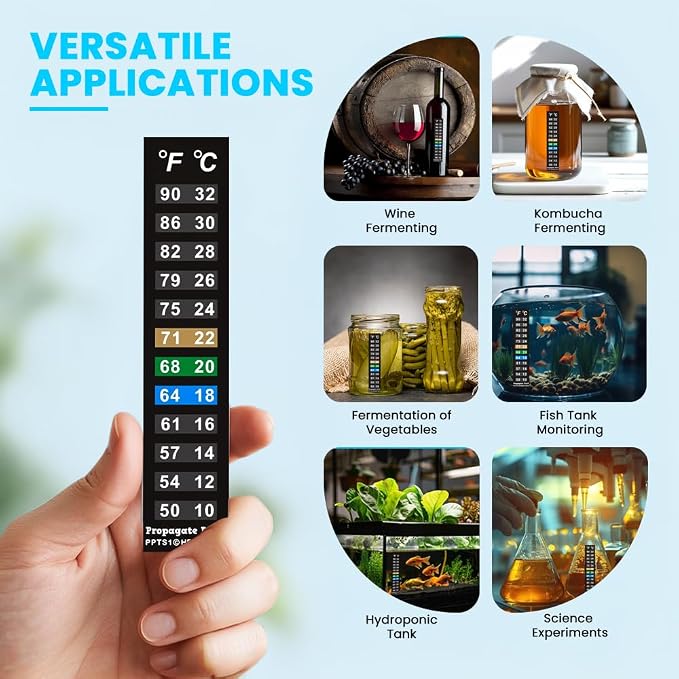 Stick On Thermometer Strip, 50-90F, 10-32C, Vertical, 5-Pack | For Fish Tanks, Aquarium Thermometer, Kombucha, Beer and Wine Fermentation, Vertical Temp Strips, Color-Changing Display
