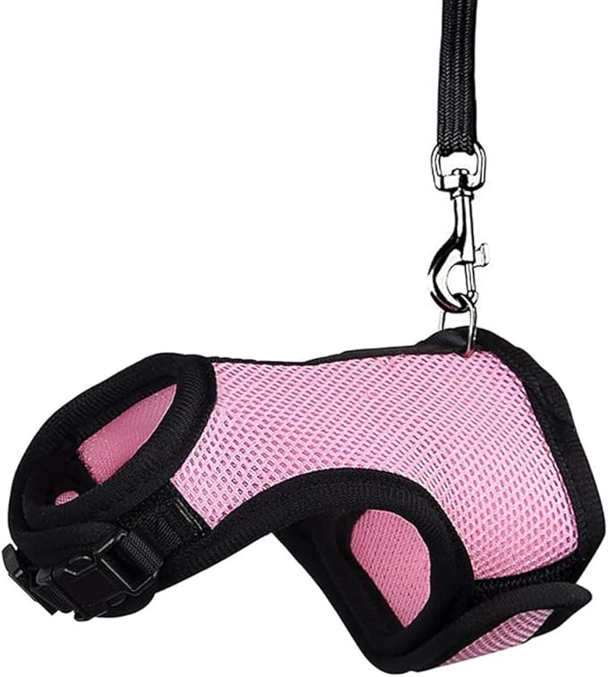 Rabbit Harness and Leash Escape Proof,Soft Bunny Mesh Vest Adjustable Buckle for Ferret Guinea Pig Hamster Walking Small Animal Pets Rat, Pink L