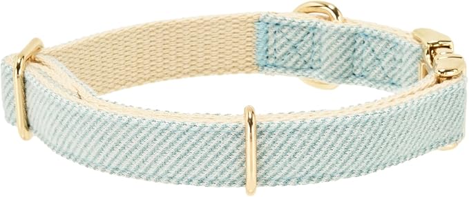 Luxury Soft Cotton Tweed Fabric Dog Collar & Leash Set with Gold Buckle – Durable Fabric, Stylish Design for Everyday Walks(Small LtBlue)