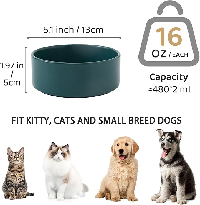 Ceramic Set of 2 Dog and Cat Bowls - Classic Food & Water Bowl for Kitty, Cats and Toy Breed Dogs, Weighted Dog Dishes, Food Grade Pet Bowl, Dishwasher & Microwave Safe (5.1'', 2*16OZ, Green)