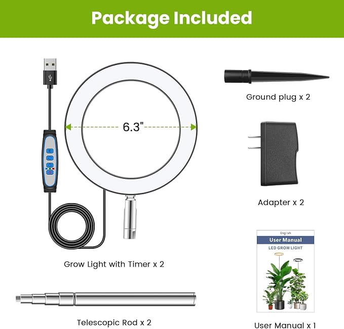 Kullsinss 6.3in Grow Light, Full Spectrum Plant Lights for Indoor Growing | Black Plant Lamp with 6/12/16H Auto Timer, 5 Brightness Levels, 10-60in Height Adjustable, for Indoor Tall Plants (2-Pack)