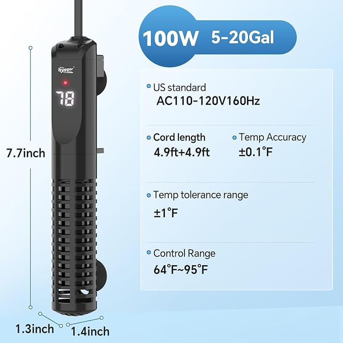 hygger Ceramic Submersible Aquarium Heater, New Explosion-Proof Fish Tank Water Heater with External Temp Controller Auto Thermostat Heater for Saltwater Freshwater (100W for 5~20 Gallon)