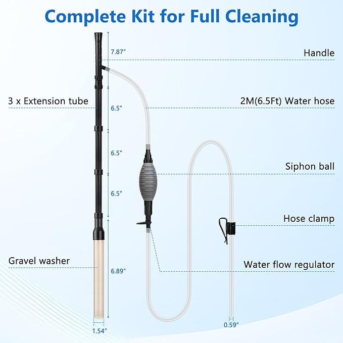 AQQA Gravel Vacuum for Aquarium Siphon - Adjustable Flow Fish Tank Cleaner with Handle, Manual Siphon Pump Water Changer Sand Rock Suction Cleaner, Upgraded Hard Hose with Threaded Connection (L)