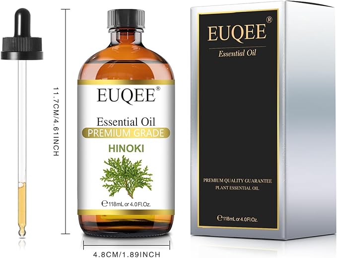 EUQEE Hinoki Essential Oil 118ml/4Fl Oz Pure Japanese Hinoki Oil Premium Natural Wood Scent Aromatherapy Oil with Glass Dropper for Meditation, Skincare, Diffuser, DIY Soap, Home Spa