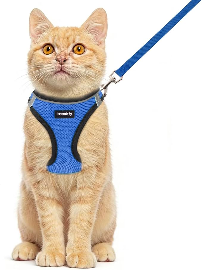 Rttochfy Cat Harness and Leash Set, Escape Proof Kitten Harness, Soft and Breathable Vest with Reflective Strip, Easy to Wear for Cats Walking and Traveling (BK Blue, M)