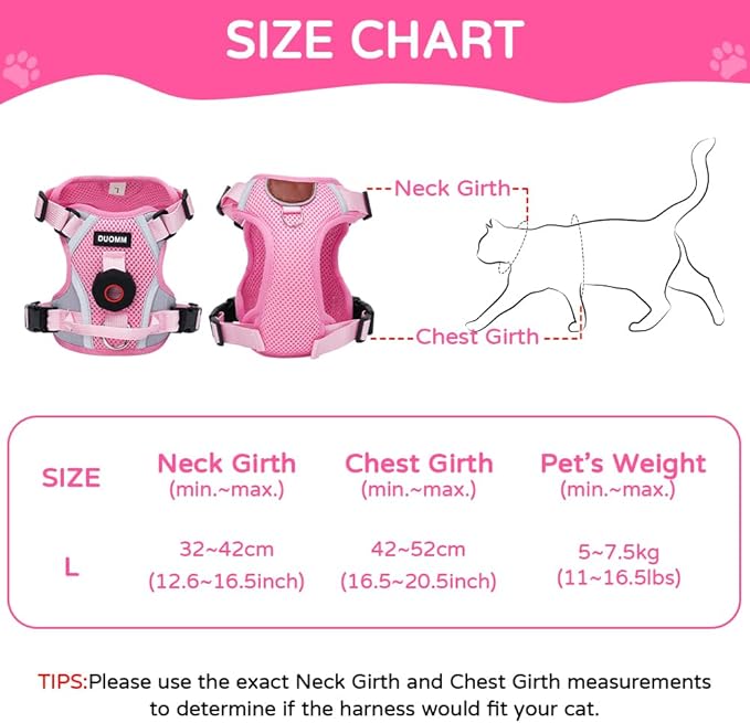 Cat Harness and Leash Set with Holder Compatible with AirTag, Upgraded Escape Proof Adjustable Vest Lead for Large Cat Small Dog Walking, Soft Breathable Mesh Jacket with Reflective Strips, Pink, L