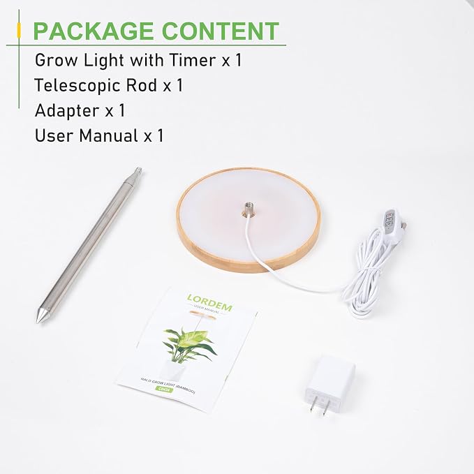 LORDEM Bamboo Grow Light for Indoor Plants, Full Spectrum LED | Height Adjustable, Auto Timer 4H/8H/12H, 4 Dimmable Levels, Ideal for Large Tall Plants