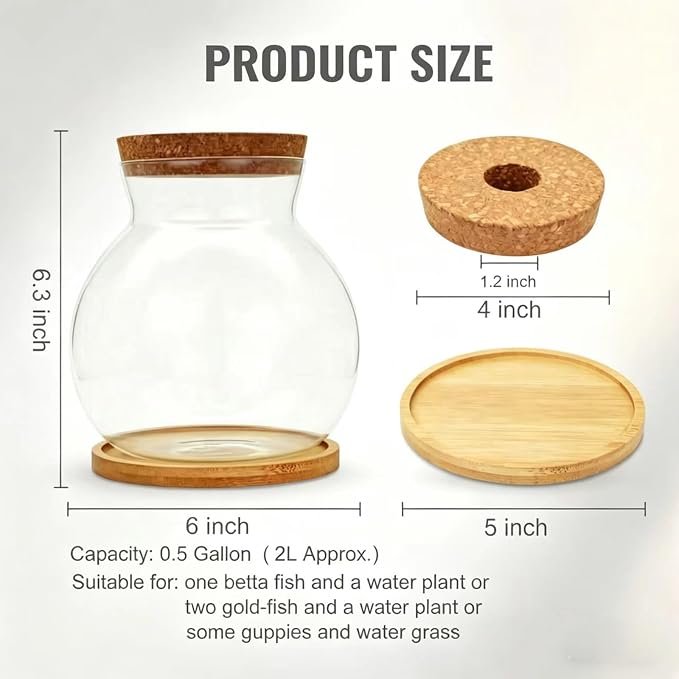 0.5 Gallon Betta Fish Tank, Desktop Aquarium Kit for Betta Goldfish, Glass Fish Bowl with Lid and Stand, Office Home Decor