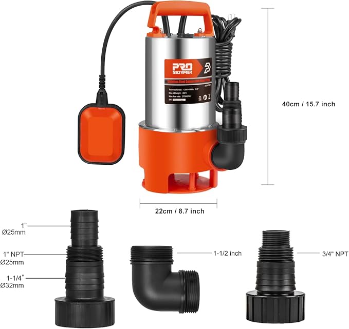 Prostormer 1HP 3700GPH Clean/Dirty Stainless Steel Submersible Sump Pump | Water Pump with Float Switch, Fresh/Mains/Pool Water, Orange