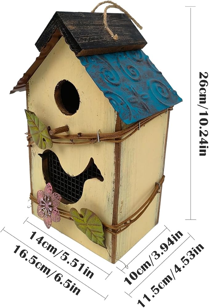 Generic Wood Bird House for Outside, 10"" H Hanging Bird House with Waterproof Metal Roof, Vintage Rustic Decorative Birdhouse Wooden Bird Nest Box for Outdoor Garden Yard Decorations (Yellow)