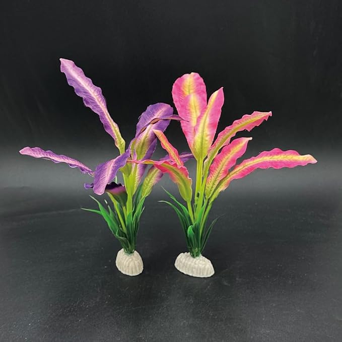 2pcs Set Green Artificial Plant Fish Tank Decor Aquarium Decorations Betta Leaf pad Hammock 8inch Silk/Plastic Plant Goldfish Fish Bowl Small Tank Plants (Purple/Pink-2pcs-Set)
