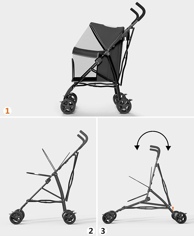 OS MOTOR Pet Stroller with 4 Wheels for Small/Medium Pets, Portable Travel Foldable Carrier Jogger for Dog Cat Puppy Kitty, Rear Wheel Breaks, Storage Basket, Visible Mesh with Weather Cover (Black)