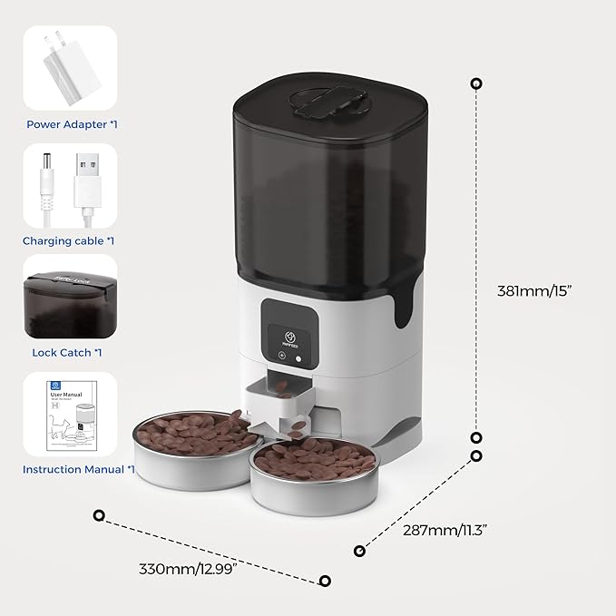 PAPIFEED Automatic Cat Feeder 2 Cats, 2.4G WiFi Cat Food Dispenser with App, 7L Slow Feeder Timed Cat Feeder for Dry Food, 10 Meals/Day, 12 Portions/Meal, Smart Pet Feeder for Small Dog, White